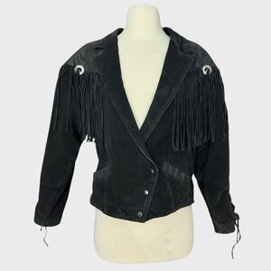 Vintage 80's Women's Black Large Suede Fringe‎ Concho Boho Western Goth Coat